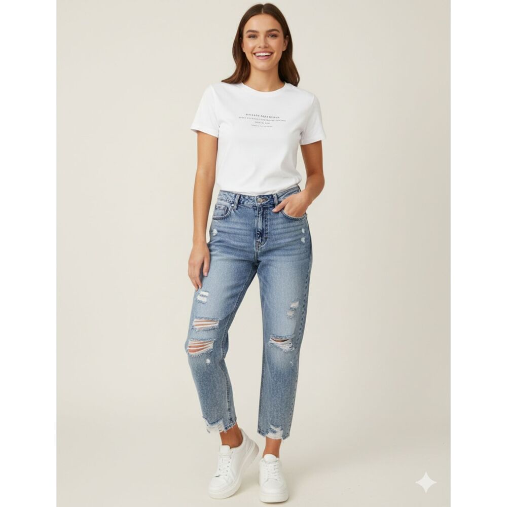 Kancan Medium Wash Ripped Raw Hem Mid Rise Distressed Blue Denim Jeans No Sz Tag